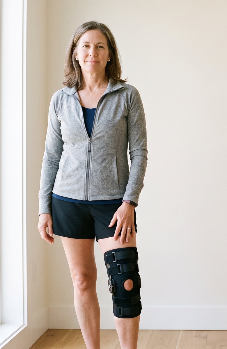 A woman in her mid-50s wearing a hinged knee brace stands relaxed and smiling, recovering after knee surgery.